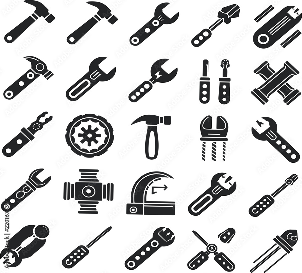 Fototapeta premium Hand Tools Icon Collection Vector Set with Hammer Wrench Screwdriver Screw and Gear Silhouette Illustration