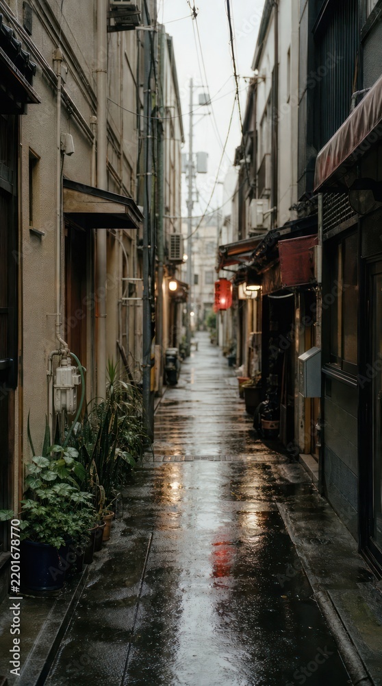 Obraz premium Moody alleyway with wet pavement and dim lights mobile wallpaper.
