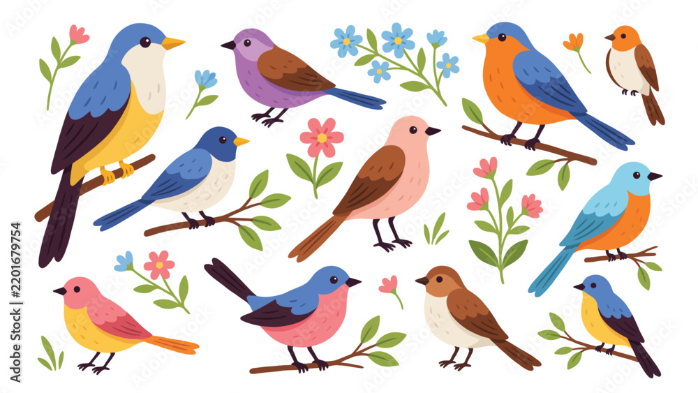 Fototapeta premium Cute Cartoon Garden Birds Vector Illustration Set with Spring Flowers