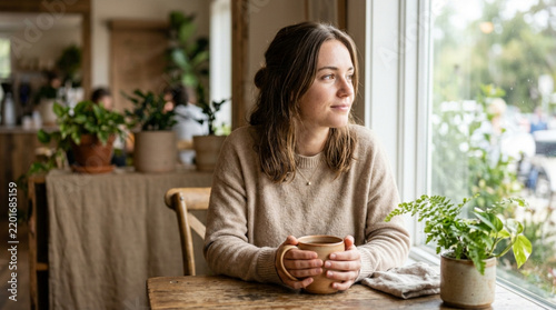 Young woman holding coffee cup, looking out window, surrounded by plants, cozy home interior