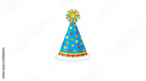 Photography Bright blue birthday party hat with colorful polka dots and pom pom isolated on