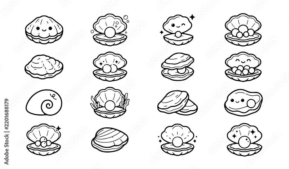 Fototapeta premium Cute Oyster and Pearl Black White Vector Icon Collection