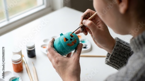 Woman Painting Miniature Teal Halloween Pumpkin With Brush For Creative Autumn DIY Craft Project