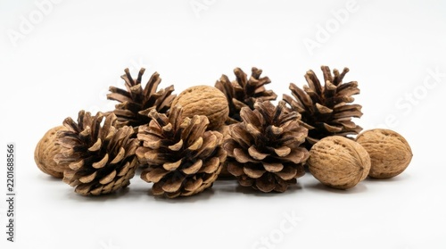 Dry Pinecones and Whole Walnuts Isolated on White Background for Autumn Thanksgiving and Christmas Holiday Decoration