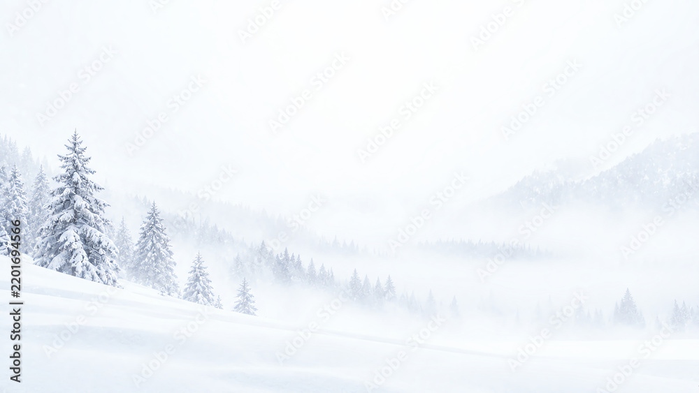 Naklejka premium Snowy mountain landscape with silhouetted pine trees in heavy fog, winter forest scene with white snow-covered slopes and misty atmosphere
