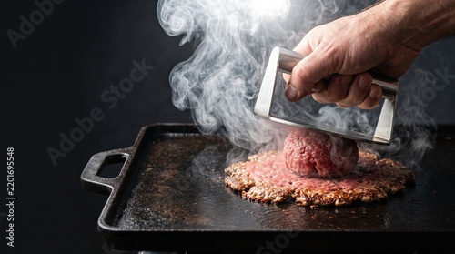 Beef patty being smashed on hot cast iron griddle with steam rising, smash burger process action shot