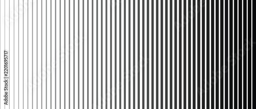 Abstract vertical lines pattern with black and white gradient fade. Seamless linear halftone texture background. Minimal geometric optical design element.