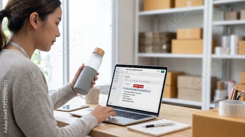 Business owner reviewing AI generated product description on laptop with verify claim alert in warehouse office