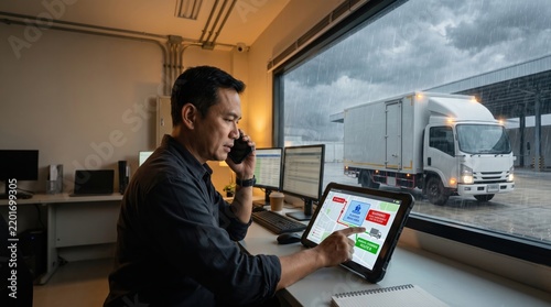 Logistics dispatcher rerouting delivery truck on tablet screen during rain for autonomous navigation audit