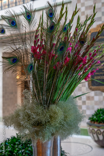Obraz na plátně Peacock feathers, pink gladioli and fluffy grey green foliage in a metal vase in