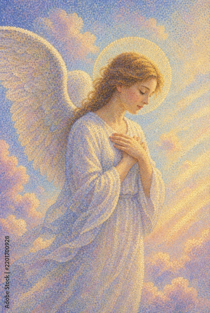 Fototapeta premium Serene angel with halo and wings in dreamy pastel sky