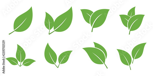 Green Leaf Logo Collection — Minimal Organic Nature Plant Symbols with Single, Double and Triple Leaf Vector Designs