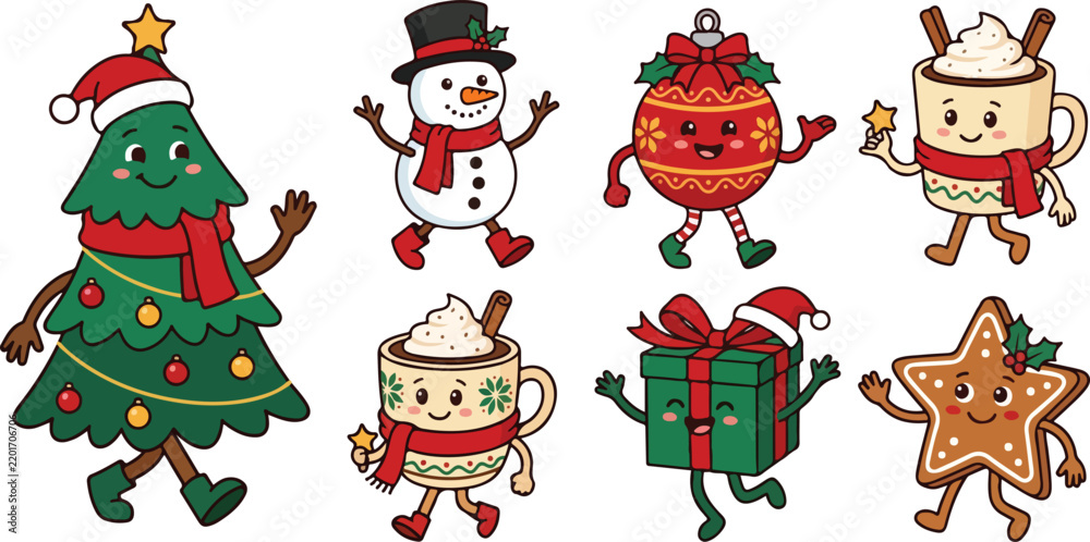 Fototapeta premium Set of cute hand drawn christmas characters including tree snowman ornament hot cocoa gift and star cookie