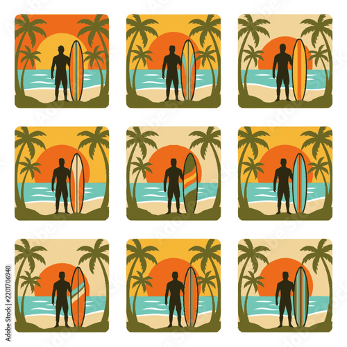 Tropical Beach Vacation Illustration Collection with Palm Trees and Surfers