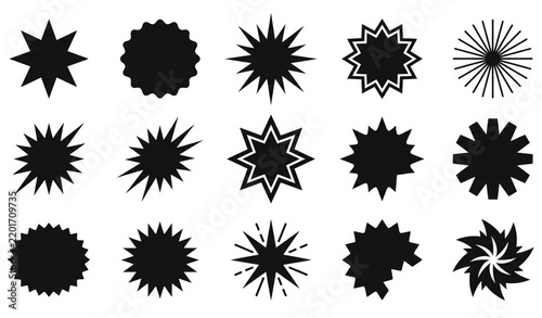 Decorative Sunburst and Jagged Sticker Silhouette Set with Sharp Star and Shopping Label Shapes
