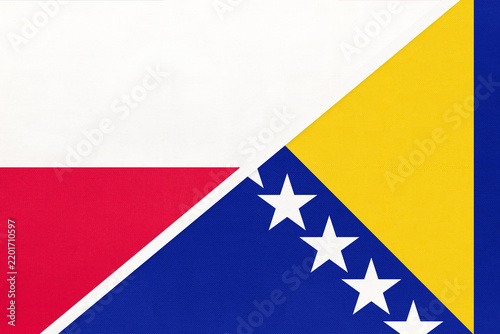 Obraz na płótnie Poland and Bosnia and Herzegovina national flags on fabric background, internati