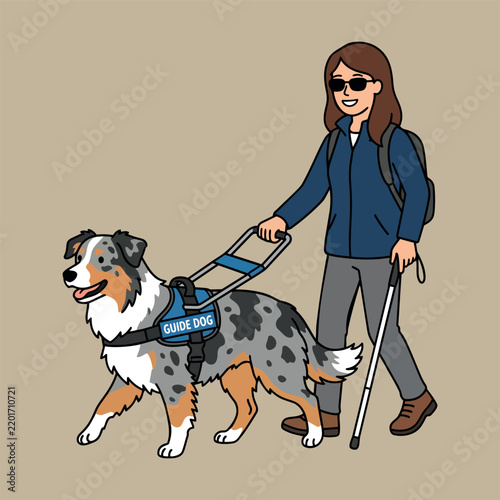 Visually Impaired Woman Walking with Guide Dog, Australian Shepherd Service Animal, and White Cane Illustration.
