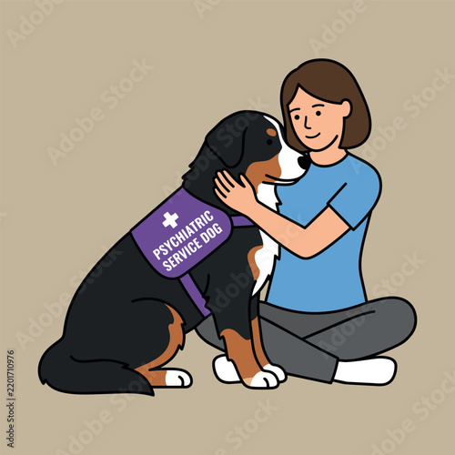 Psychiatric Service Dog Hugging Woman, Bernese Mountain Dog Emotional Support Animal Illustration.
