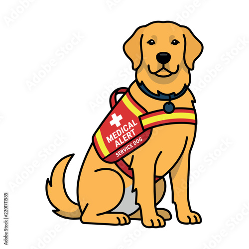 Golden Retriever Medical Alert Service Dog Sitting in Red Vest, Illustration.
