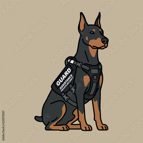 Doberman Pinscher Working Dog in GUARD and ASSISTANCE PRIVATE SECURITY Vest, Illustration.
