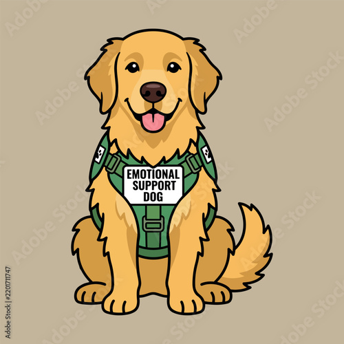 Golden Retriever Emotional Support Dog Sitting in Green Vest, Illustration.
