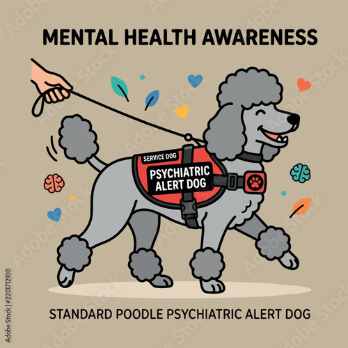 Standard Poodle Psychiatric Alert Dog in Red Service Vest with Mental Health Awareness Text - Vector Illustration.
