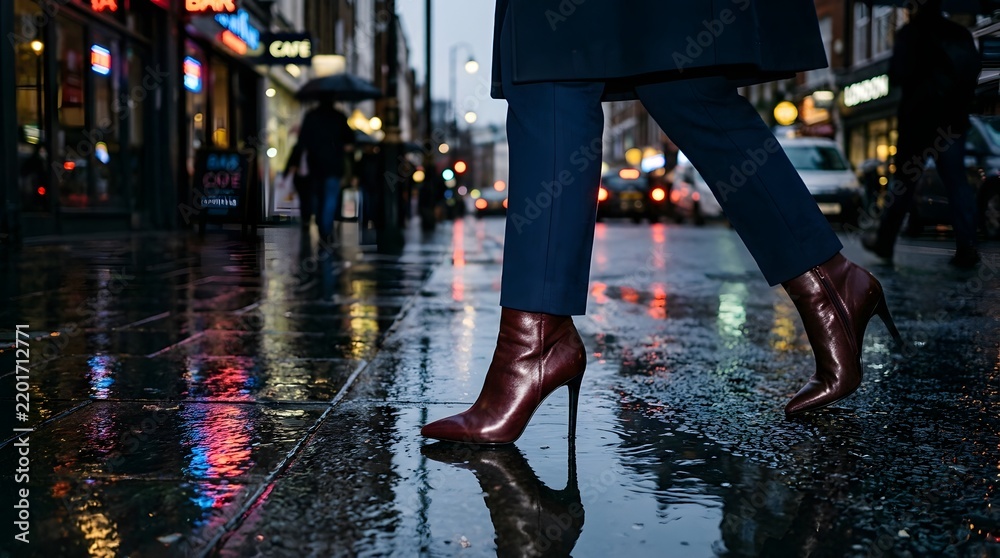 Obraz premium Woman in high heel boots walking on wet city street at night with reflections