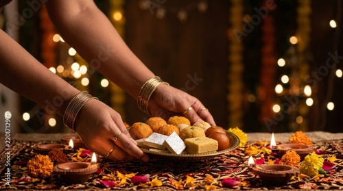 Woman Holding Assorted Traditional Indian Sweets Mithai Plate for Diwali Celebration with Lit Diyas and Bokeh Lights