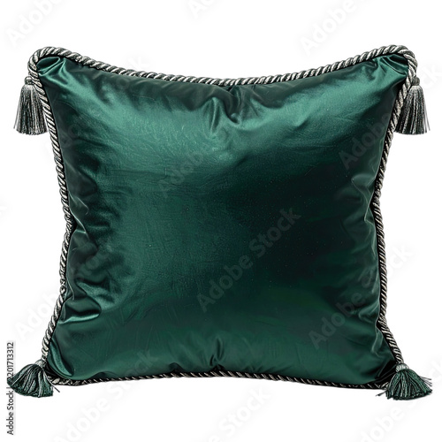 A luxurious emerald green satin cushion with tassels and trim.