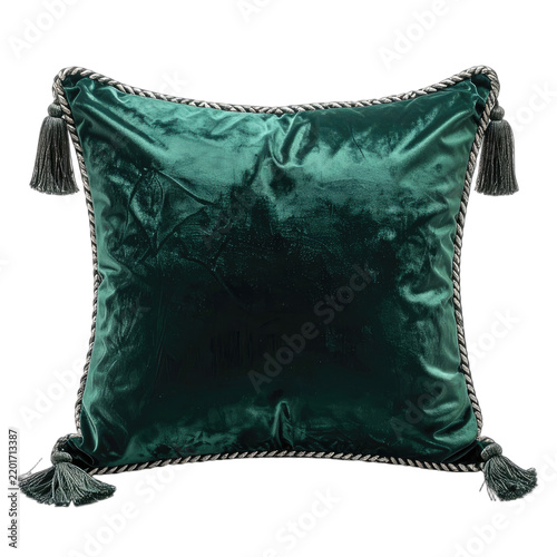 A luxurious emerald green velvet cushion with decorative tassels.