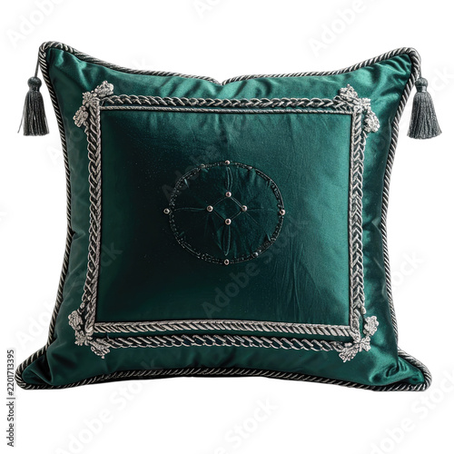 A luxurious emerald green velvet cushion with intricate silver trim and tassels.