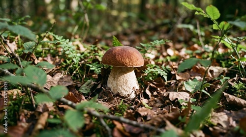 Fresh Wild Porcini Mushroom Boletus Edulis Growing in Autumn Forest Floor Surrounded by Fallen Leaves