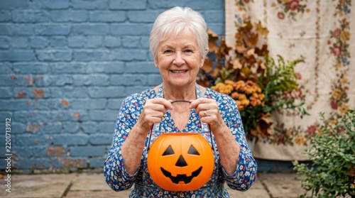 Happy Senior Grandmother Holding Halloween Jack O Lantern Bucket for Trick or Treat Celebration Outdoors in Autumn