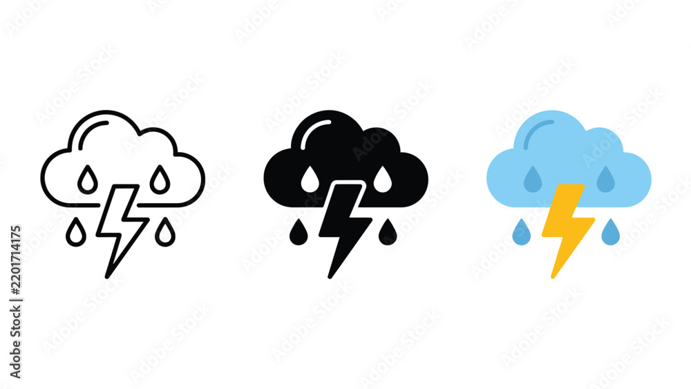 Obraz premium Stormy weather icons showing rain and lightning bolts in line silhouette and flat colored vector style