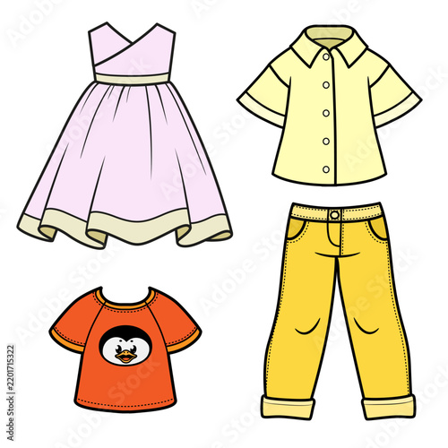 Beautiful casual clothes jeans, summer dress, blouse and T shirt on a white background