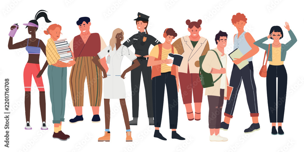 Obraz premium Modern society concept, crowd of people vector illustration. Cartoon multicultural international man woman characters group, friends, family with child standing together, population isolated on white