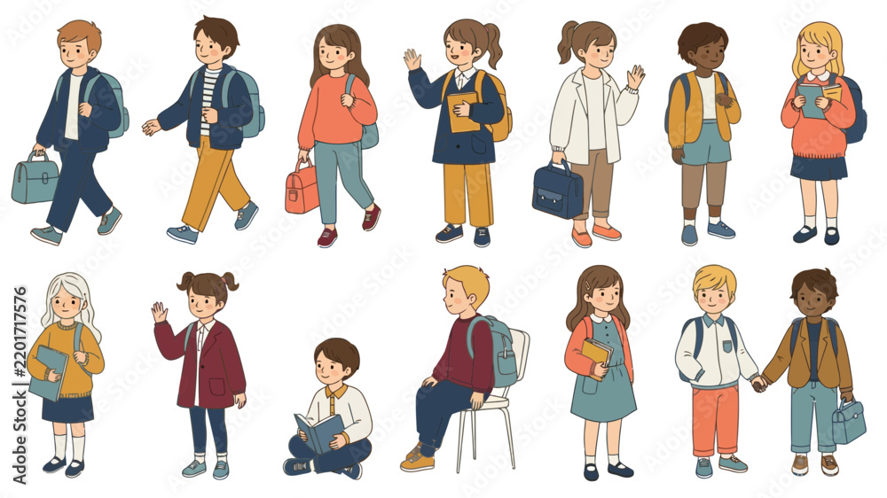 Fototapeta premium Colorful cartoon children in various school activities.
