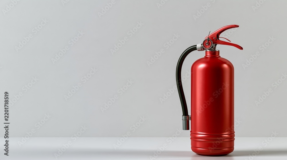 Fototapeta premium Funny winter emergency photo: a small fire extinguisher standing in a corner looking ready, on a bright white background with copy space.