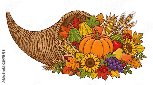 Autumn Harvest Cornucopia Overflowing With Fresh Fruits Pumpkins Grapes Apples Pears Berries Leaves And Seasonal Farm Produce Vector Illustration