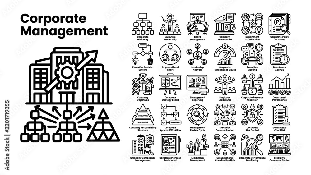 Obraz premium Corporate Management Icons: A collection of detailed line art icons representing various aspects of corporate management.