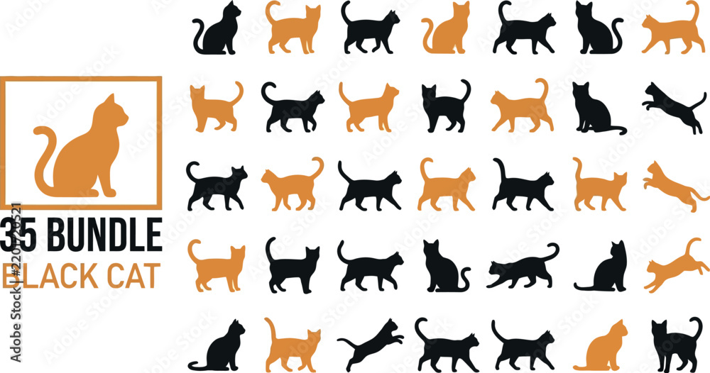 Fototapeta premium Black cat silhouette bundle, 35 orange and black kitten vector icons, minimalist feline pet poses set for Halloween and animal branding