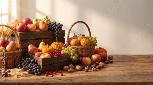 Autumn Harvest Fruit Collection With Apples Pears Grapes Figs Pumpkins Walnuts Acorns Wheat And Rustic Apple Baskets Wooden Crates