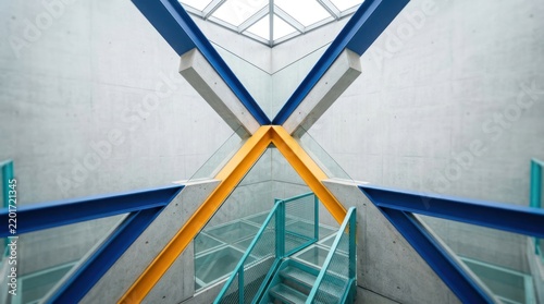 Geometric architecture with blue yellow and gray structure