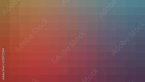 A sophisticated modern abstract background displaying a pixelated mosaic grid pattern with a captivating gradient transition from warm orange and red tones to cool blue and green hues,