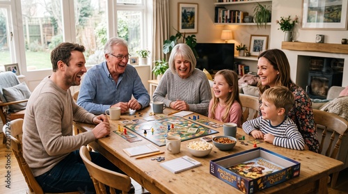 Commercial lifestyle stock photo of a happy multi-generational family sitting around a wooden dining table laughing and playing a board game together in a bright living room.