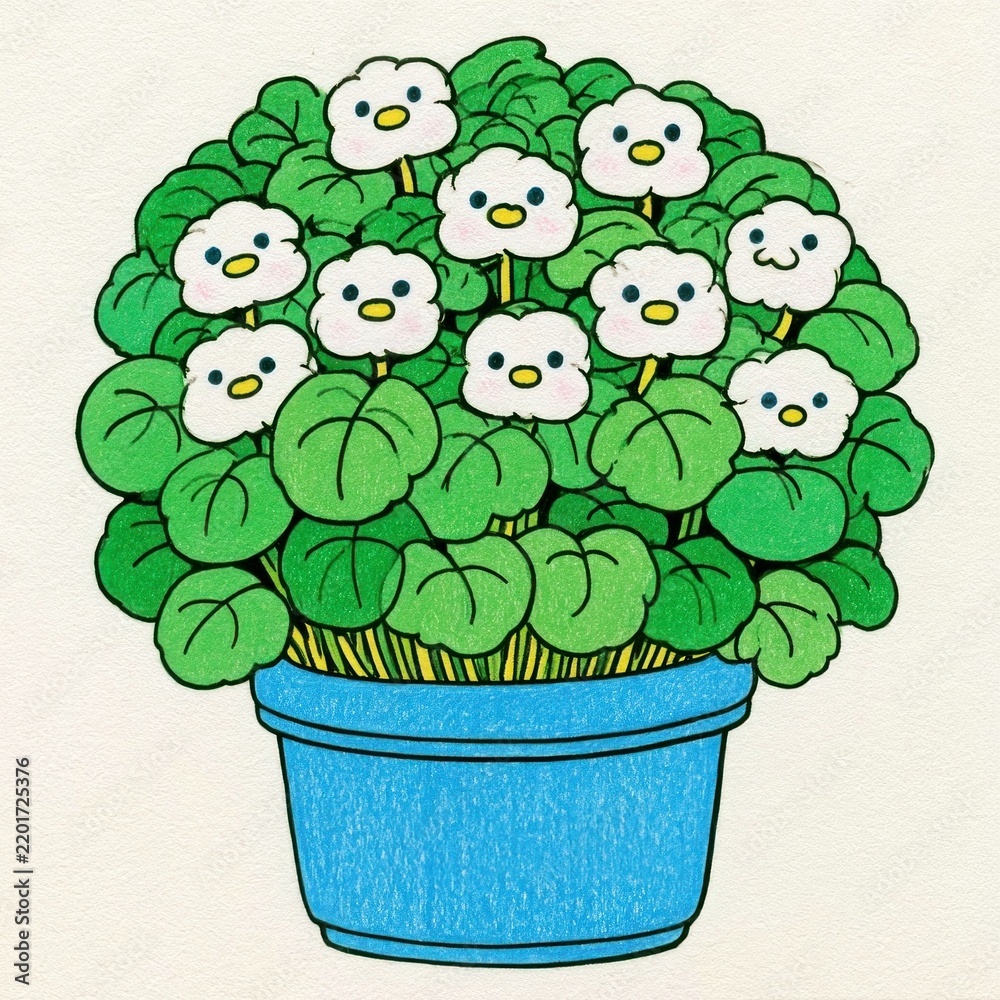 Obraz premium Cute cartoon flowers in a blue pot illustration