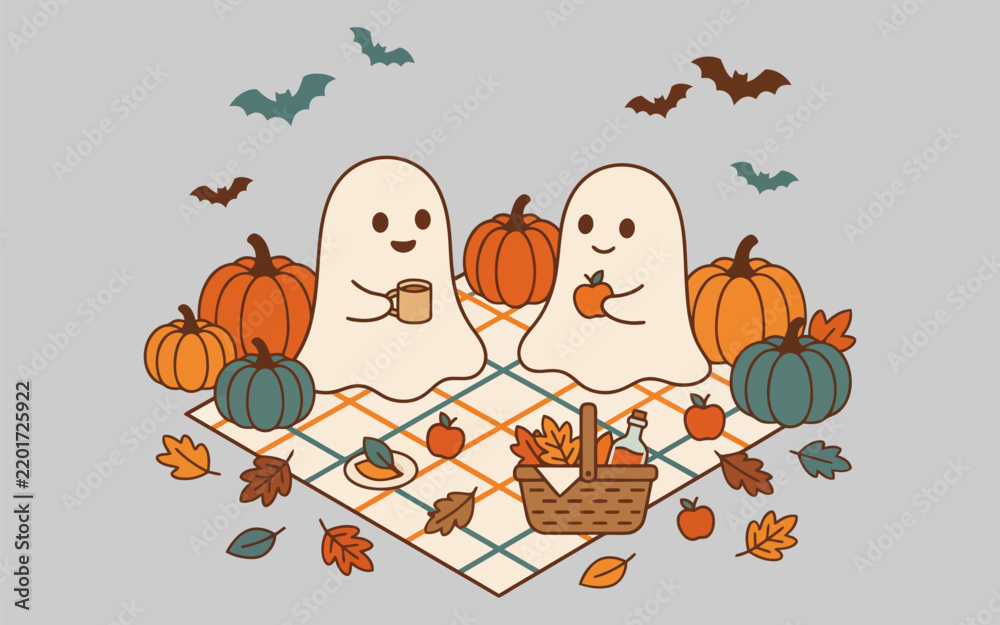 Fototapeta premium Cute cartoon ghosts having a cozy autumn picnic with pumpkins and falling leaves on a checkered blanket