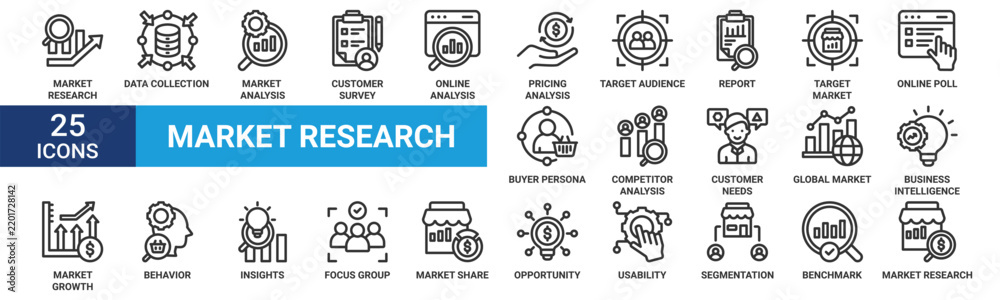 Fototapeta premium Market Research Icon Set. Market Analysis, Data Collection, Customer Survey, Target Audience, Competitor Analysis, Buyer Persona and Business Intelligence Outline Vector Icons Collection