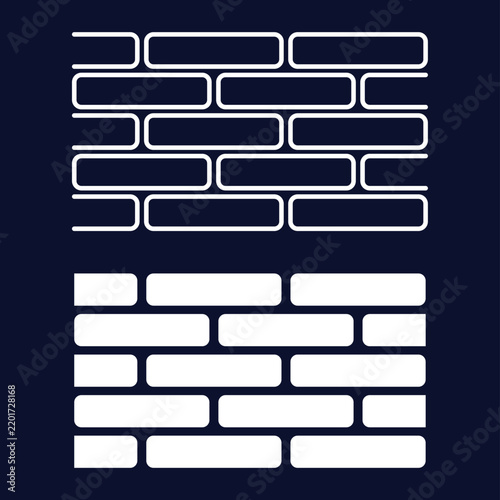Two brick wall designs showing outlined and solid bricks in a staggered layout representing construction, structure and building materials.