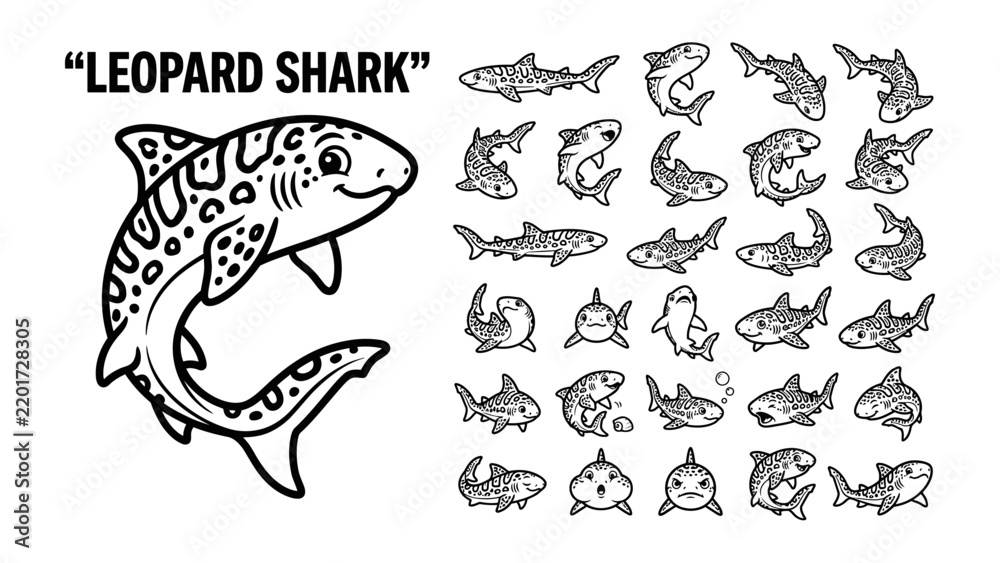 Obraz premium Leopard Shark Collection: A charming, illustrated leopard shark is accompanied by a variety of other stylized shark illustrations, showcasing different poses and expressions.
